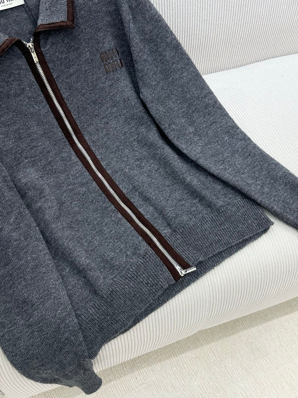 Miu 26s Zip-Up Jacket Grey Cotton Wool 426219