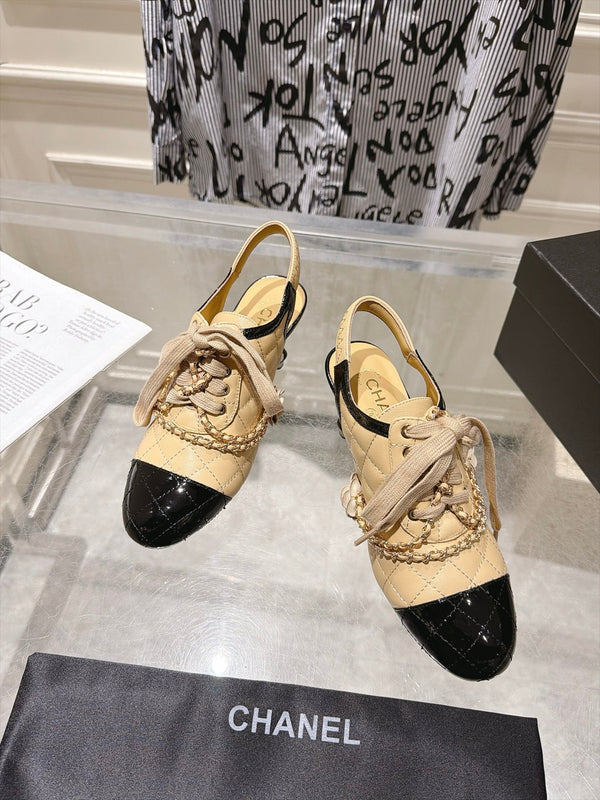 CC 26b Quilted Lace Up Slingback Beige Leather 124289