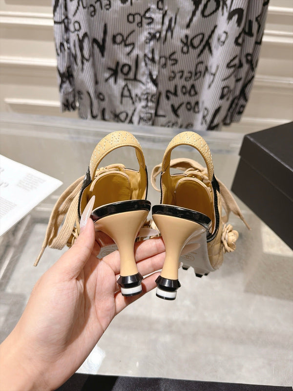 CC 26b Quilted Lace Up Slingback Beige Leather 124289