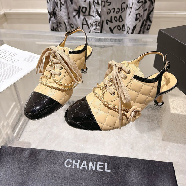 CC 26b Quilted Lace Up Slingback Beige Leather 124293