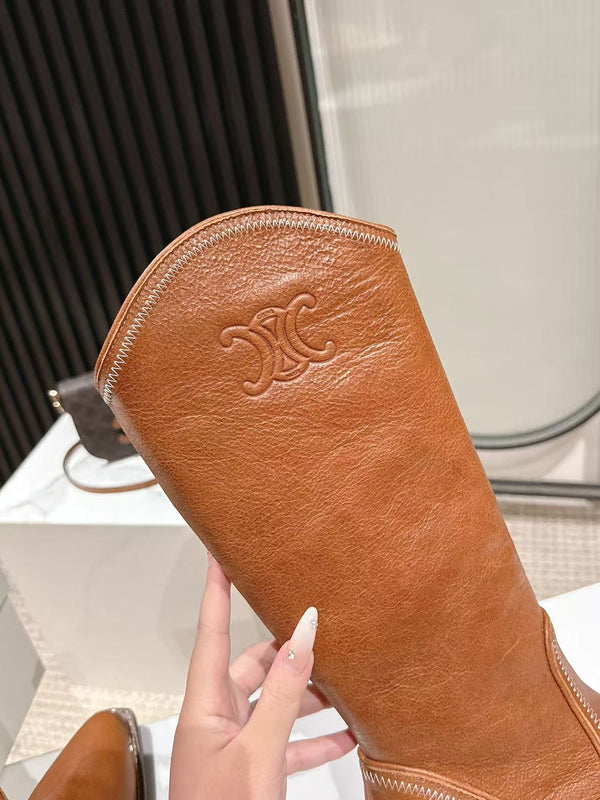 CELINE 25 Mid Calf Cowboy Boots Caramel Brown Cowhide