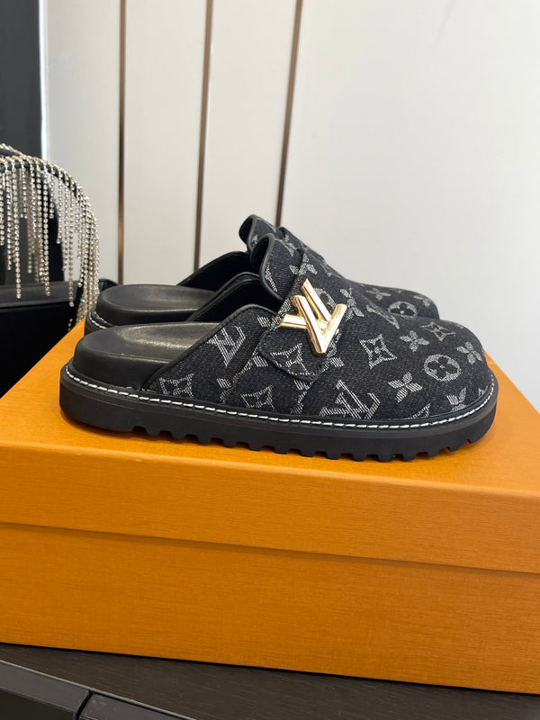 LV Cosy Comfort Mule Sandals Black Gold Denim Monogrammed 533457