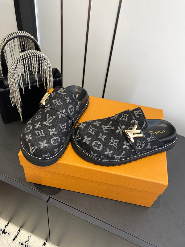 LV Cosy Comfort Mule Sandals Black Gold Denim Monogrammed 533457