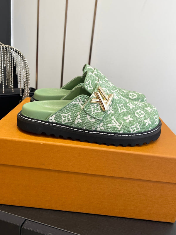 LV Cosy Comfort Mule Sandals Green Gold Denim Monogrammed 533458