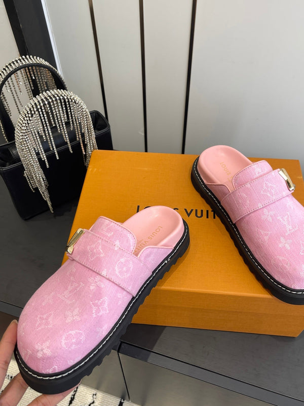 LV Cosy Comfort Mule Sandals Pink Gold Denim Monogrammed 533459