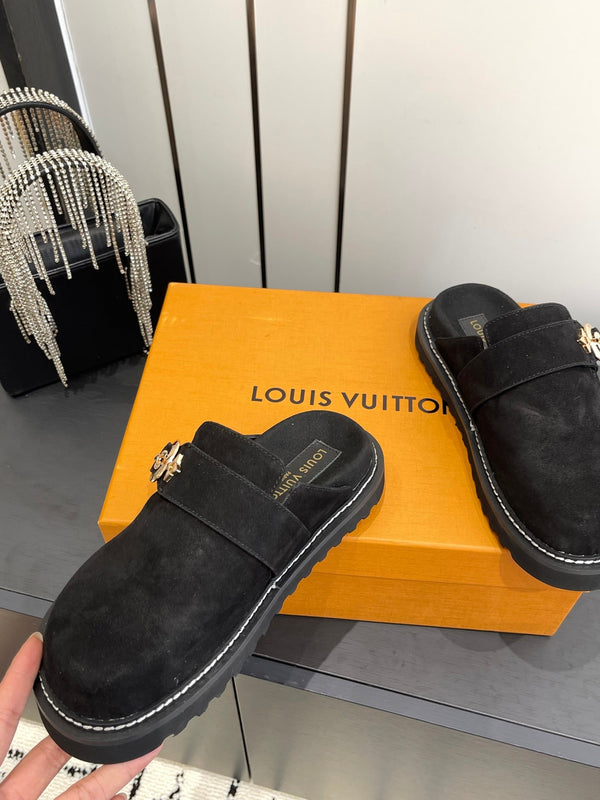 LV Cosy Comfort Mule Sandals Black Gold Suede 533465