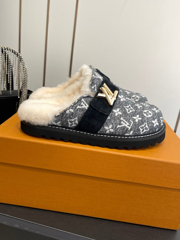 LV Cosy Flat Slippers Comfort Clog Black Grey BeigeLeather  Monogram Fur 533468