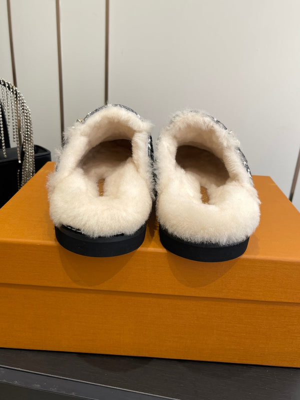 LV Cosy Flat Slippers Comfort Clog Black Grey BeigeLeather  Monogram Fur 533468