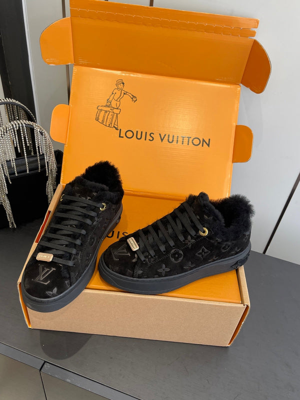 LV Time Out Sneaker 40mm Black Monogram Suede Fleece Lined 533471