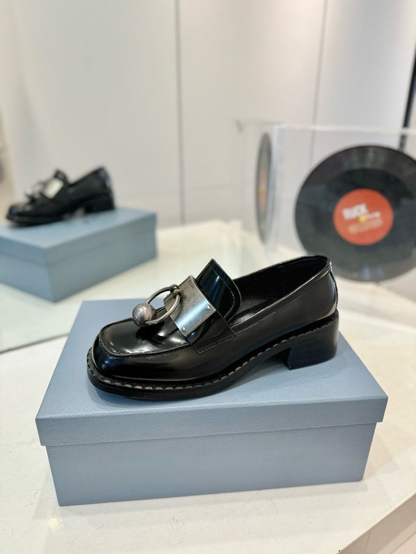 Prad 26s Ball Chain Loafers Black Brushed Leather 941515
