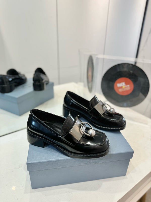 Prad 26s Ball Chain Loafers Black Brushed Leather 941515