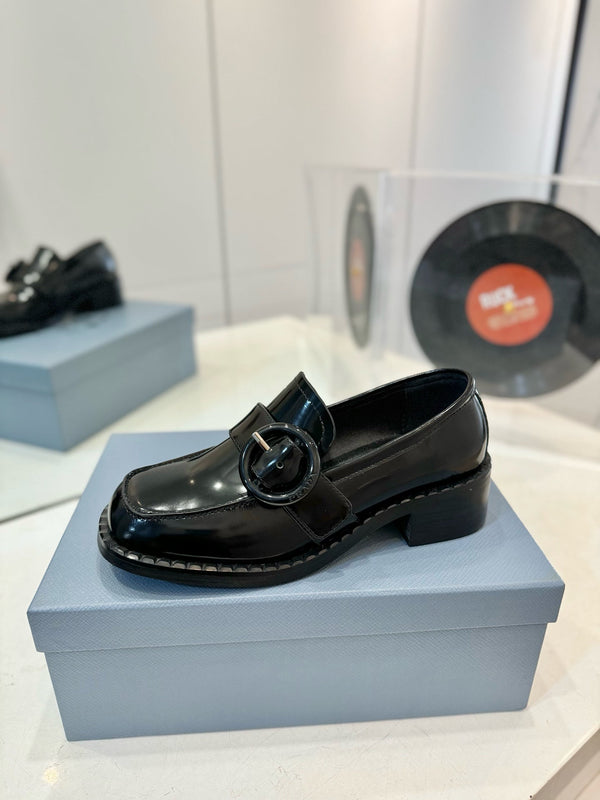 Prad 26s Heeled Loafers Black Brushed Leather 941519