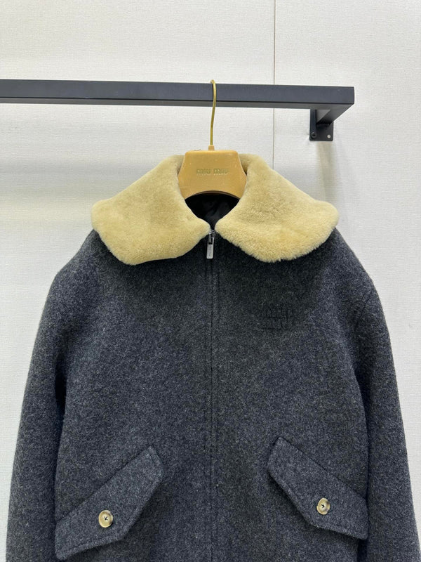 Miu 25 FW Collar Coat Dark Grey Sheep Wool 346114