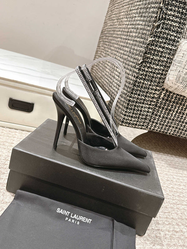 BARBARA 90 EMBELLISHED  BLACK SATIN MULES WITH RHINSTONES