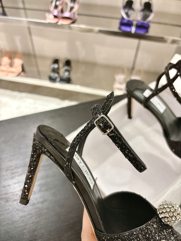Jimmy Choo Sacora Crystal Sandal 65 Black Cowhide 597659