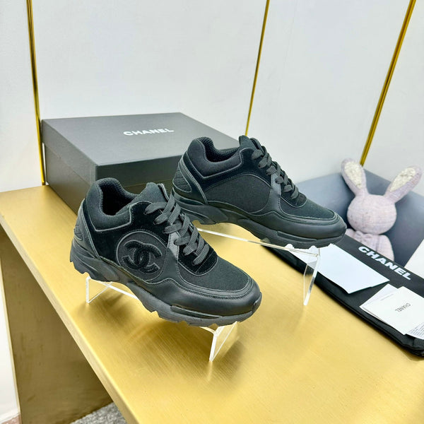 cc womens sneaker in black wool tweed and suede calfskin 137612