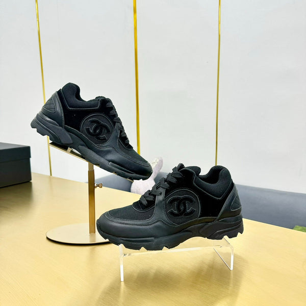 cc womens sneaker in black wool tweed and suede calfskin 137612