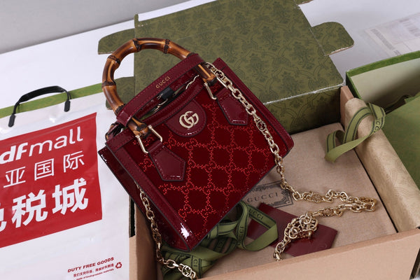 GG Diana Mini Tote Bag 20cm Red Patent Leather Crystals