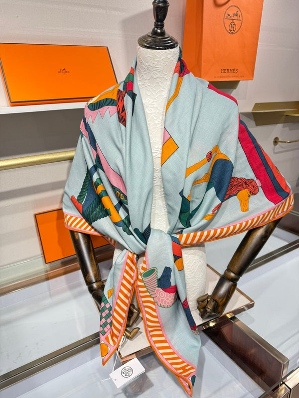 HM A Toute Allure Scarf 140 Light Blue Orange Cashmere Silk