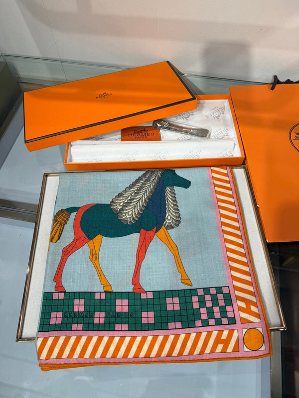 HM A Toute Allure Scarf 140 Light Blue Orange Cashmere Silk