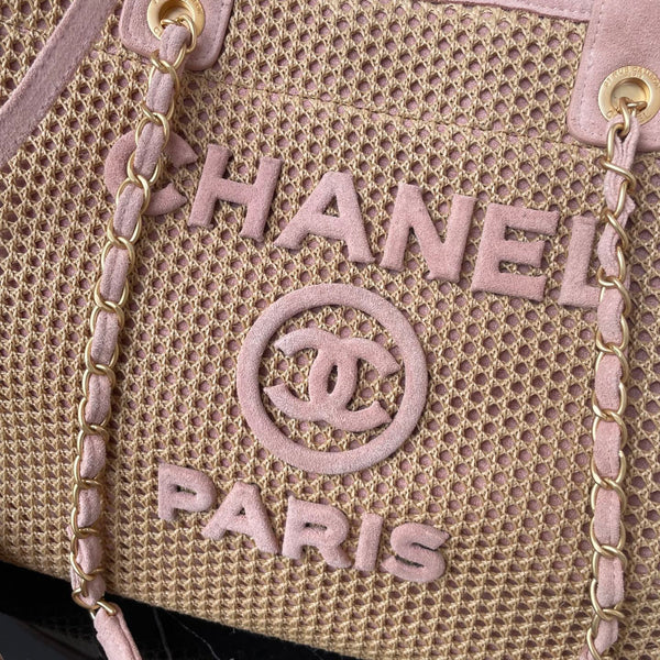 CC 25 Deauville Tote Bag 38cm Beige Pink Crochet Suede