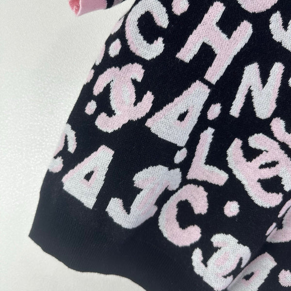 CC Short-Sleeved Knit Top Black Pink Wool Nylon 345986