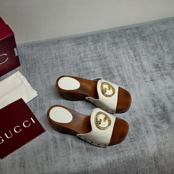 GG Wooden Clog Sandals White Patent Leather 864264