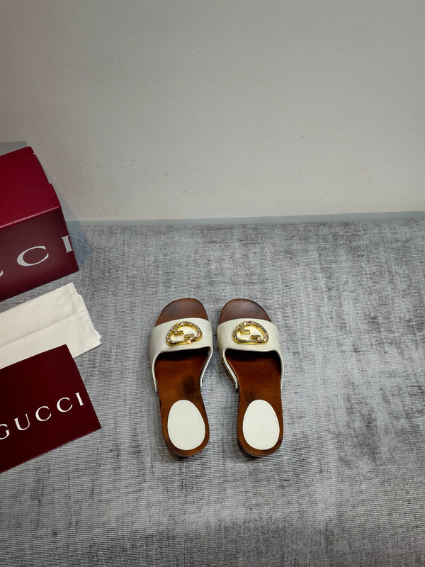 GG Wooden Clog Sandals White Patent Leather 864264
