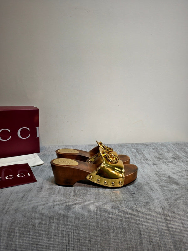 GG Wooden Clog Sandals Gold Leather 864268