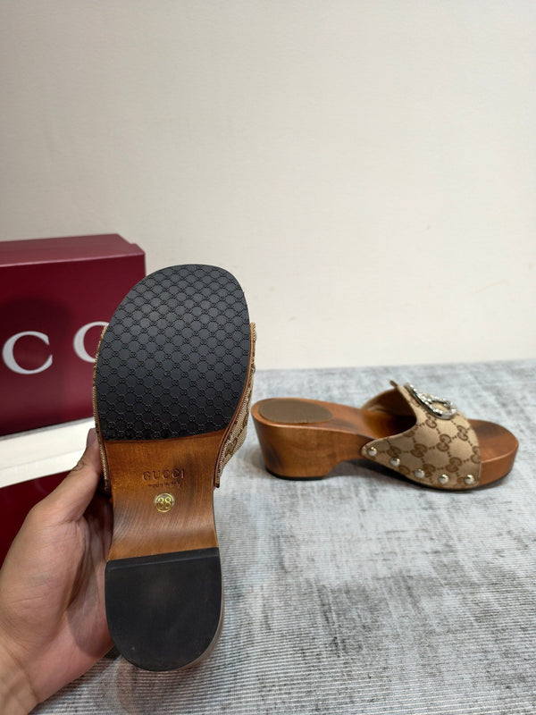 GG Wooden Clog Sandals Beige Canvas 864269