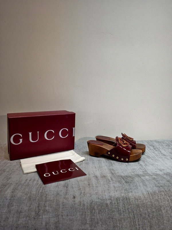 GG Wooden Clog Sandals Red Patent Leather 864270