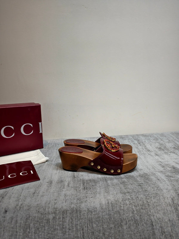 GG Wooden Clog Sandals Red Patent Leather 864270