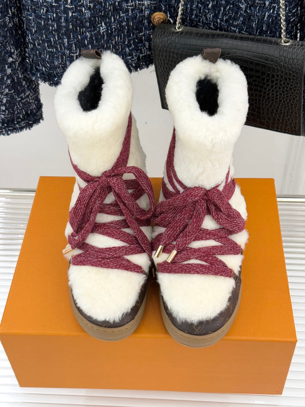 LV Cloud Lace-Up Ankle Boot Sneaker White - Red Shearling Monogram Canvas 572469