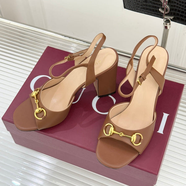 GG 26WF Chunky Heel Sandals 5cm Brown Sheepskin 632559