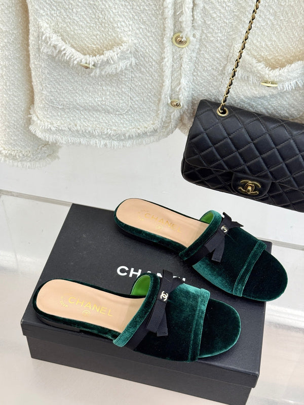 CC 26S Double C Bow Braid Slippers Teal Green Velvet 717789