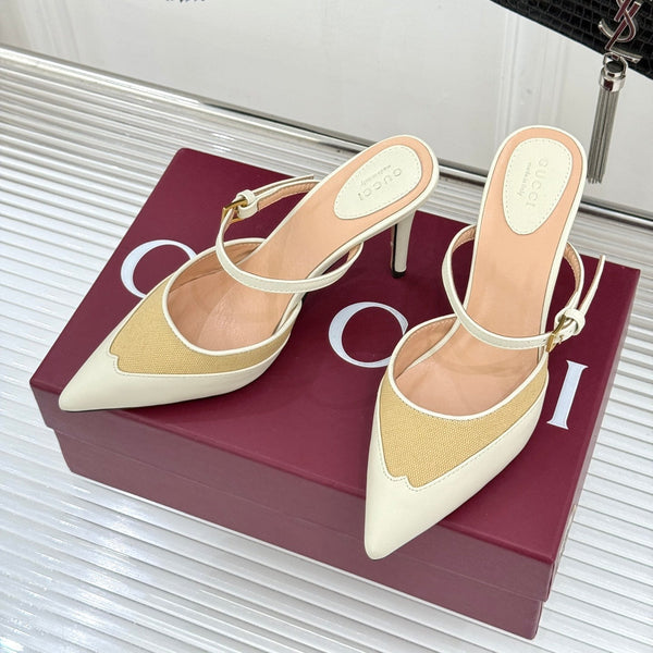 GG 26WF Mules 9.5cm Cream Beige Leather Canvas 886170