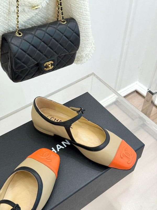 CC 26s Square-Toe Mary Jane Shoes Orange Beige Leather 920419