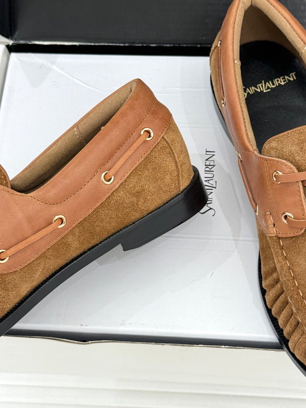 YSL 26s Le Bateau Loafer Tan Brown Calfskin Suede 992281