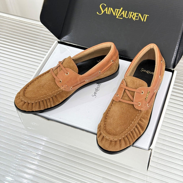 YSL 26s Le Bateau Loafer Tan Brown Calfskin Suede 992281