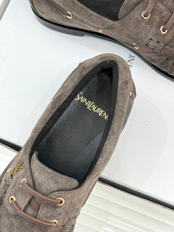 YSL 26s Le Bateau Loafer Taupe Suede 992289