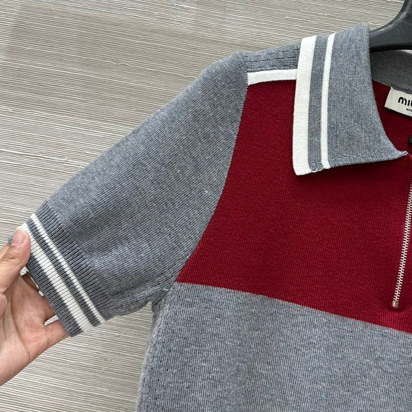 Miu Miu 25 Polo Collar Short-sleeved Top Gray red Tencel