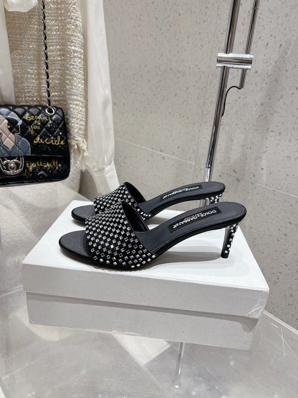 DC Rhinestone Mules 65mm Black Silk & Sheepskin 359514