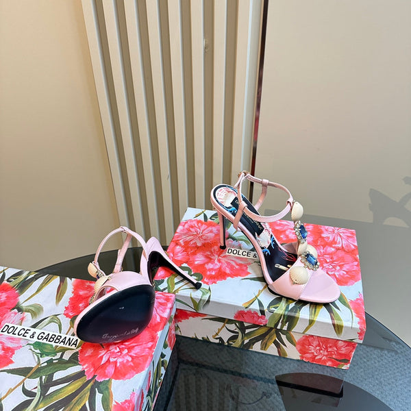 DC 24 Shell Rhinestone High Heel Sandals Pink Cowhide & Sheepskin 946157