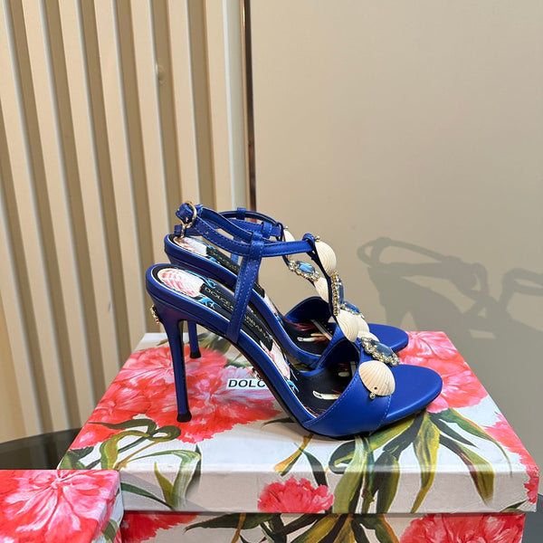 DC 24 Shell Rhinestone High Heel Sandals Blue Cowhide & Sheepskin 946159
