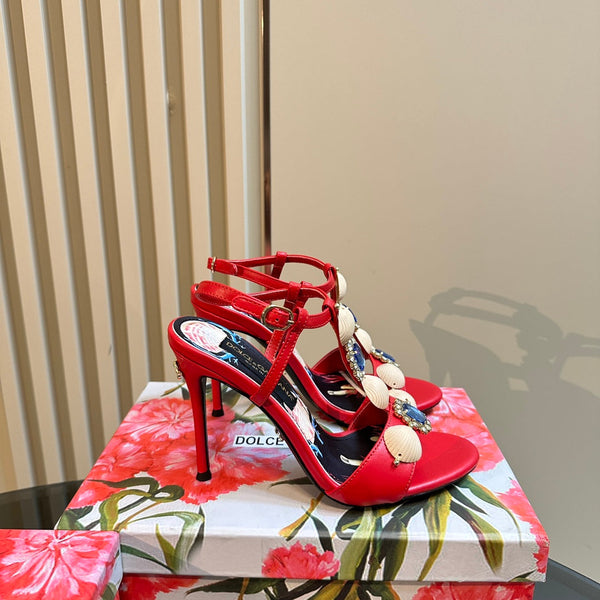 DC 24 Shell Rhinestone High Heel Sandals Red Cowhide & Sheepskin 946161