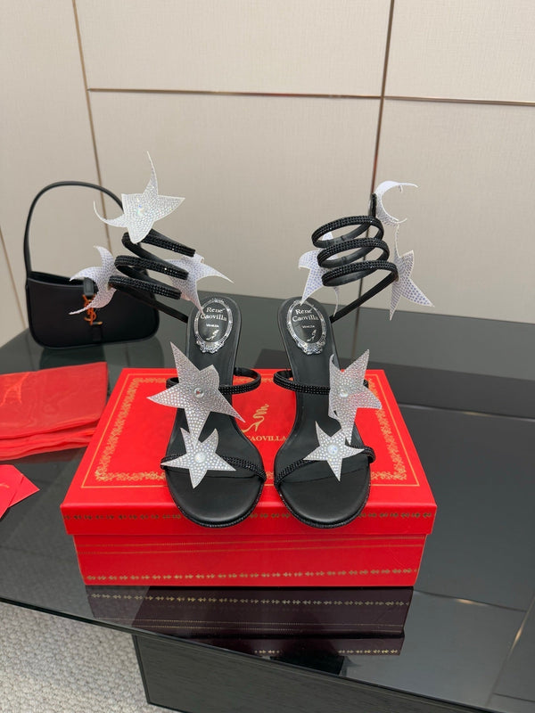 RC Sandals 9.5cm Black Silver Rhinestone Silk 302582