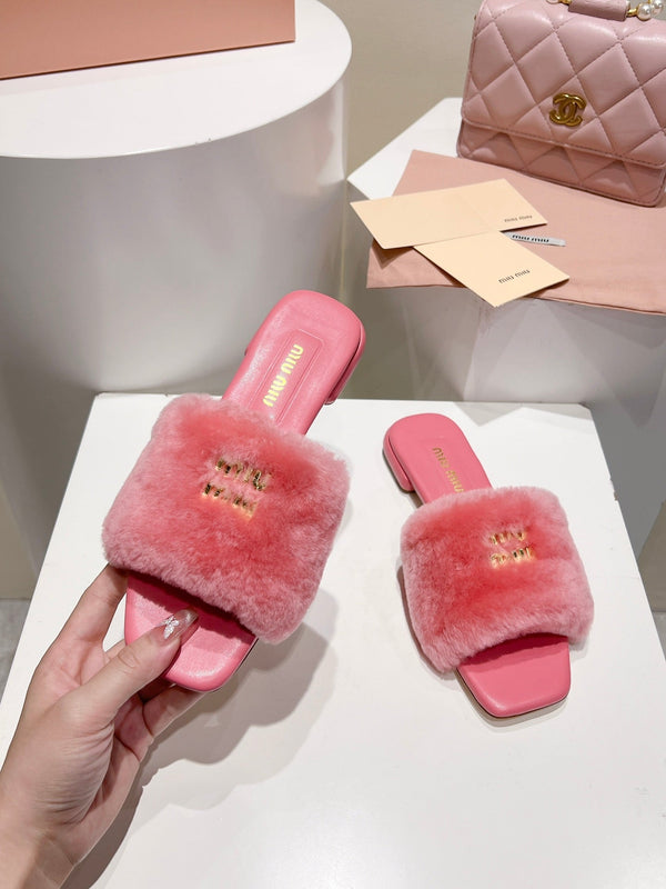 Miu Slides Hot Pink Leather Fur 739563