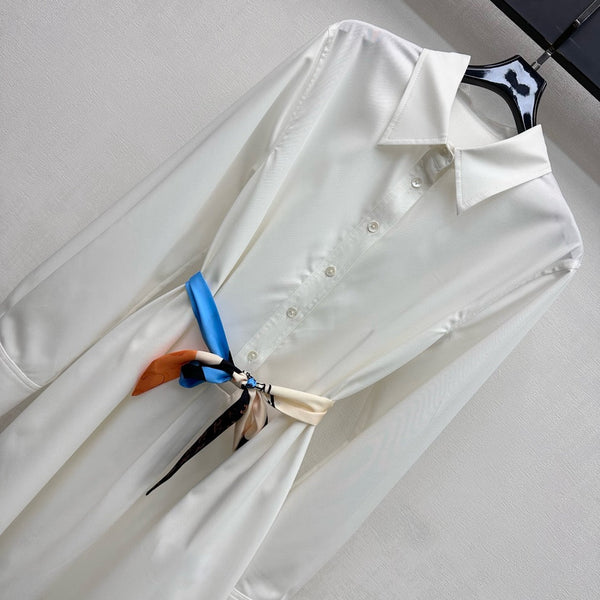 Celine Long Silk Scarf Shirt Dress White Cotton 351803