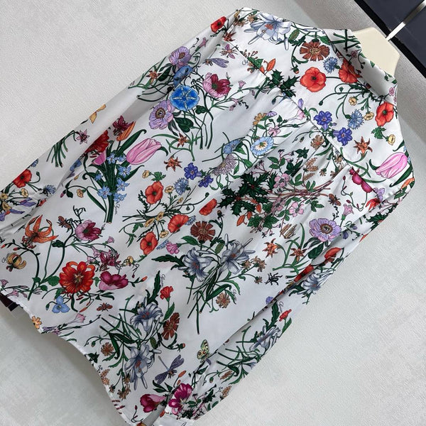 GG SS26 Flora Printed Collared Shirt White Multicolor Silk 351788