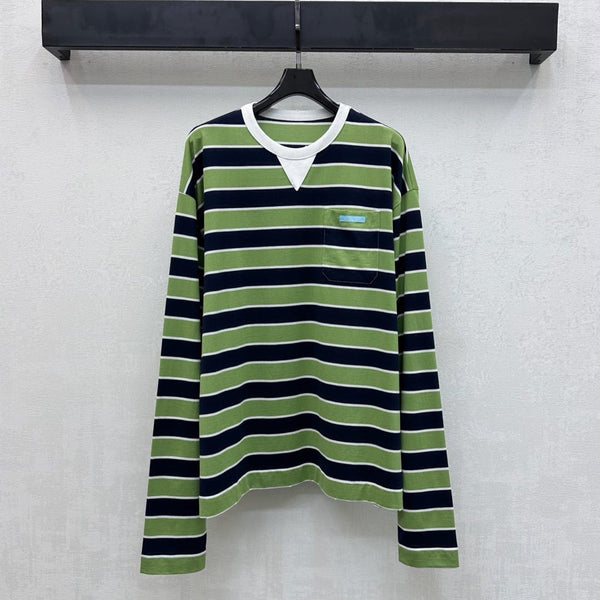Prada Crew Neck Striped Block T-Shirt Blue Fern Green Cotton 350365